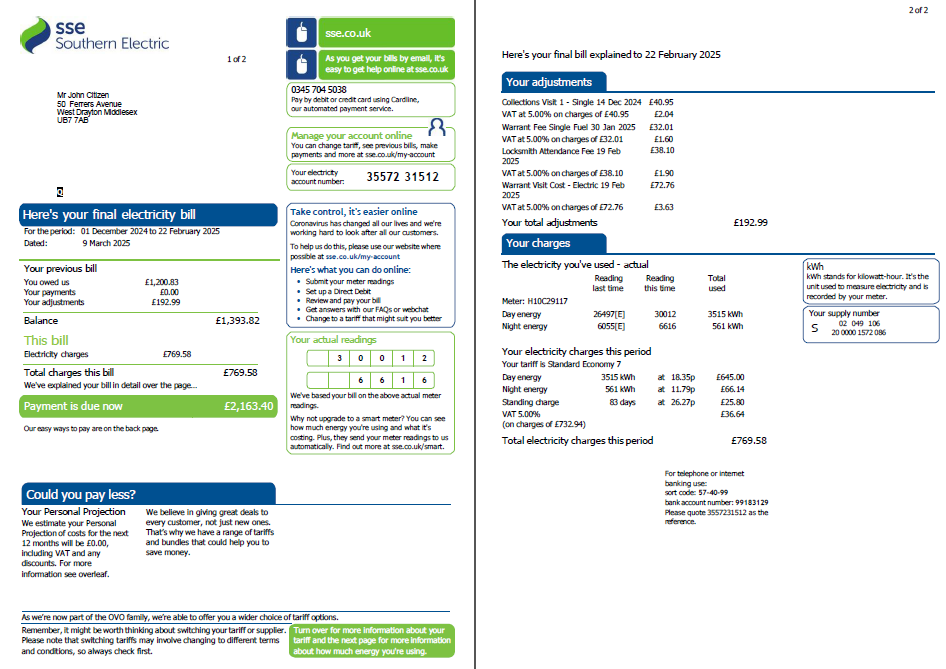 Scotland SSE utility bill template in Word and PDF formats, 2 pages